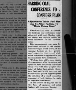 President Harding's coal conference adjourned